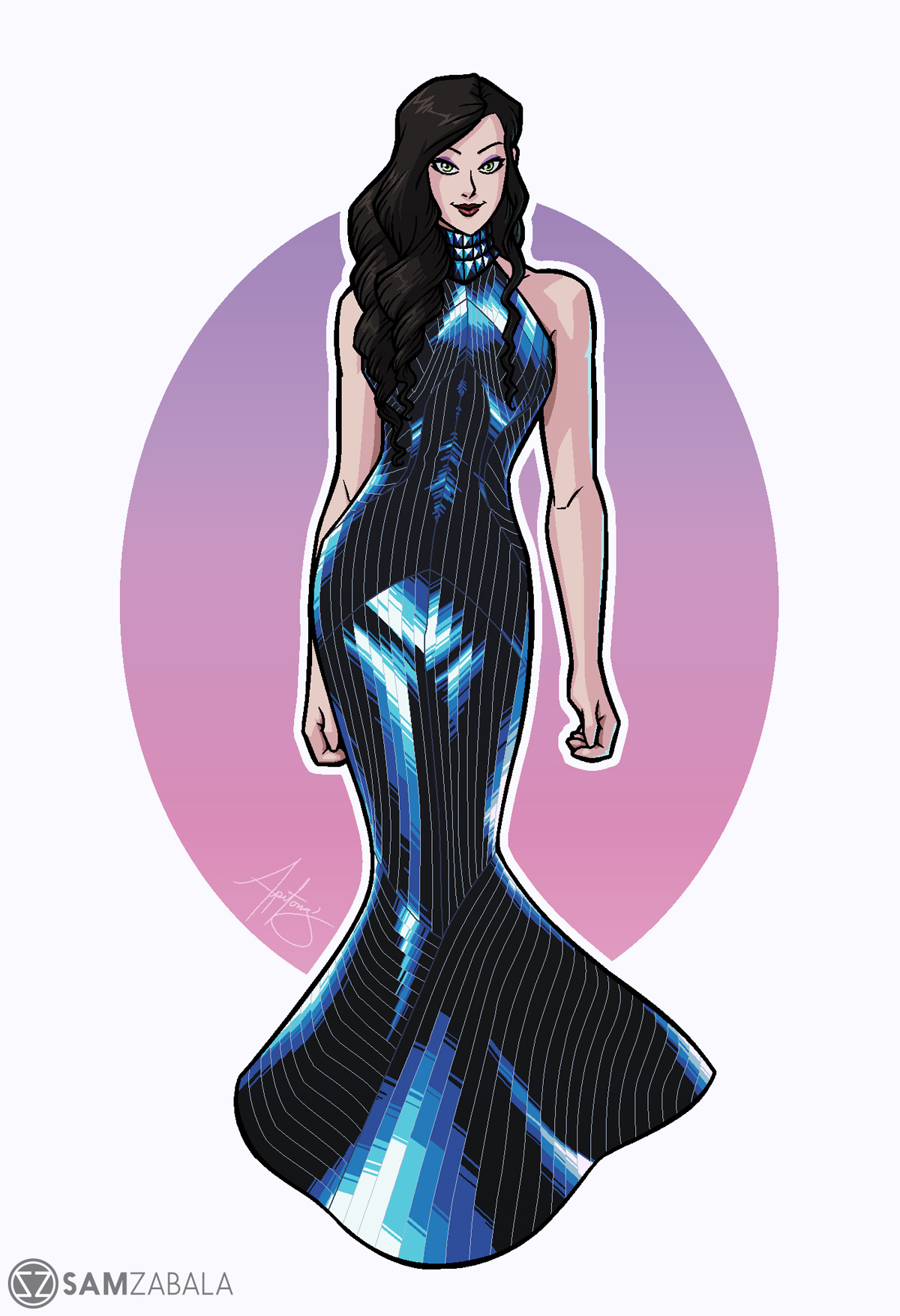 Asami Sato in a uniquely patterned designer dress with an accent pink gradient egg backdrop behind her