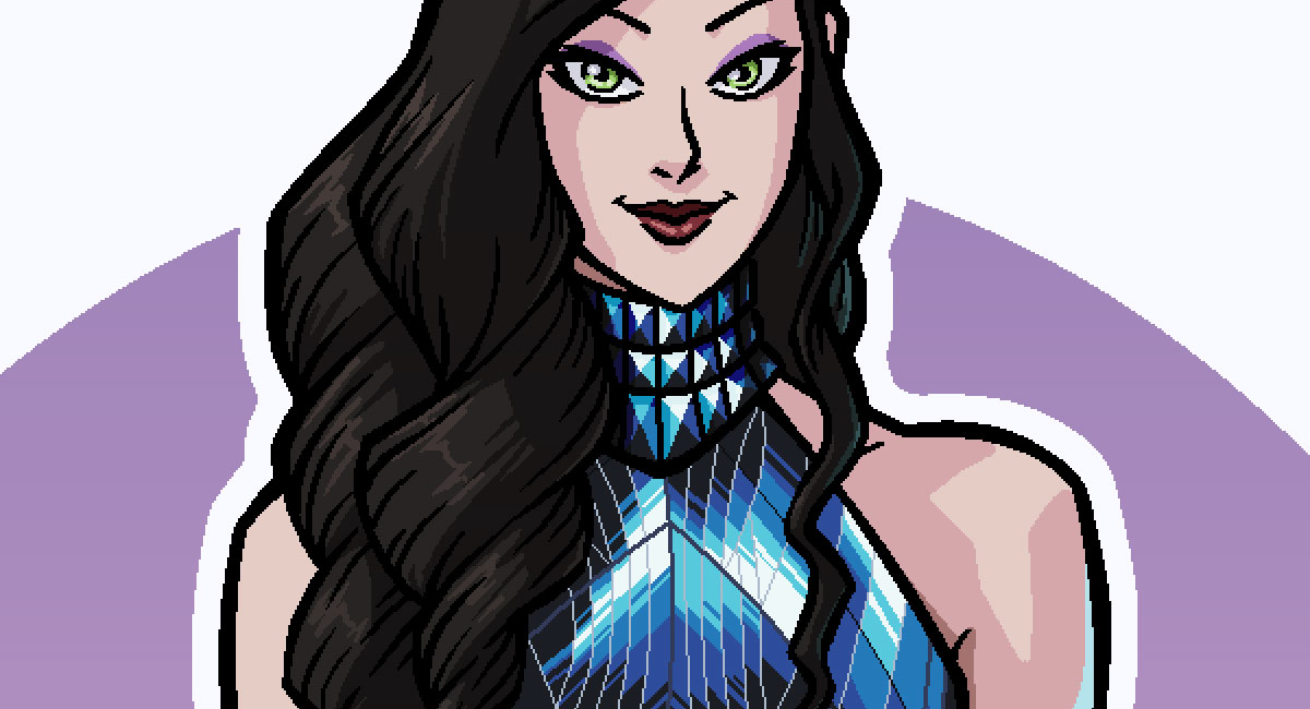 Asami Sato up close in a designer dress