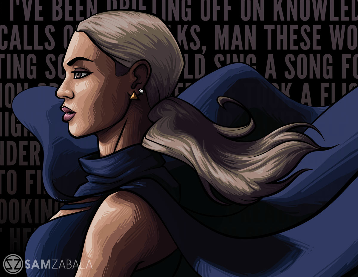 Epic Beyonce portrait with lyrics in the background